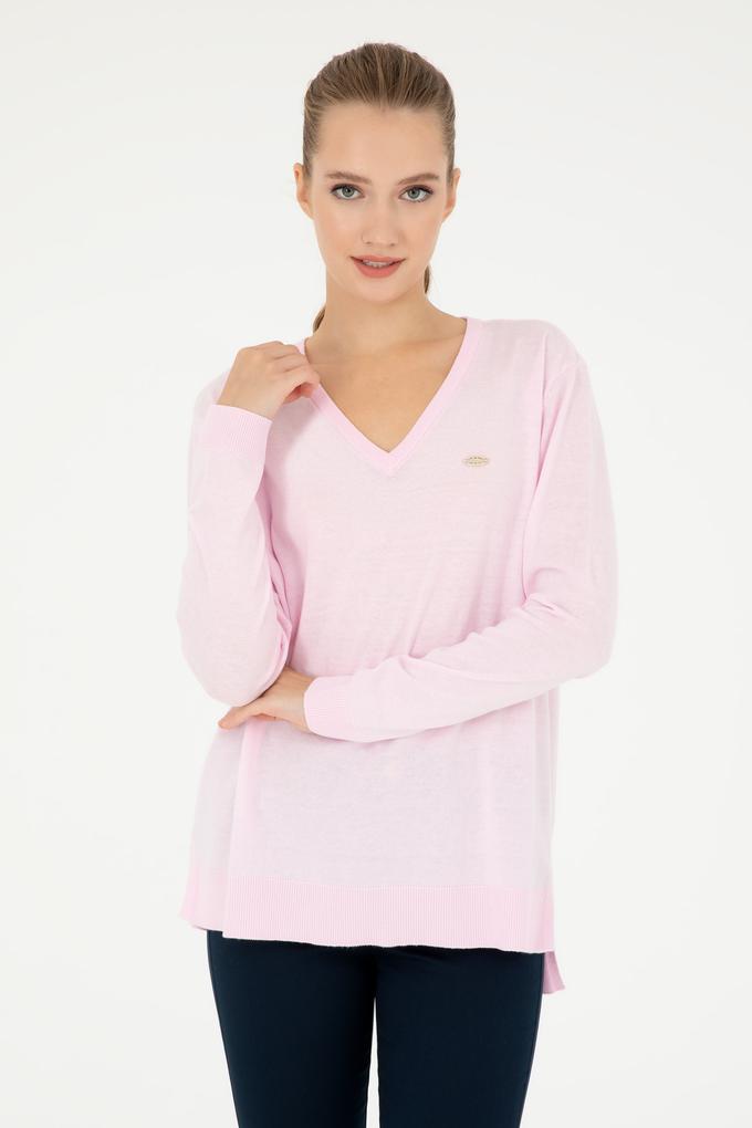 Kadın Pembe V Yaka Basic Kazak