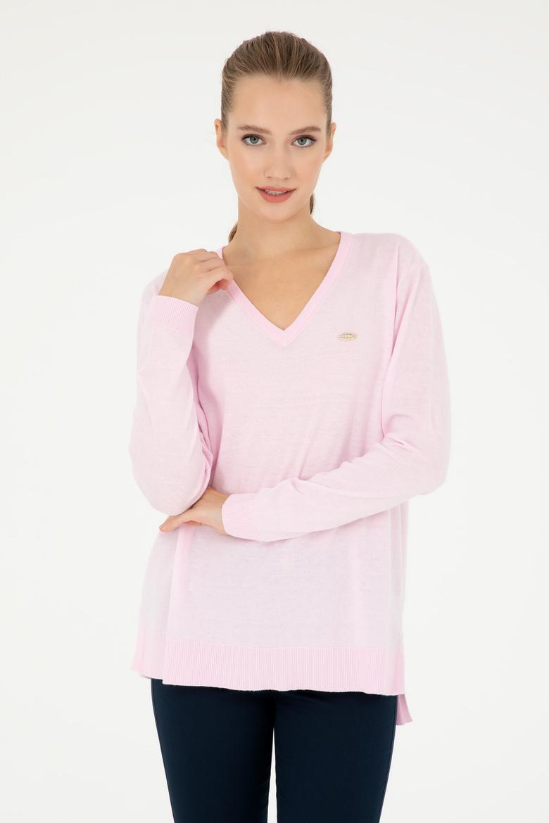 Kadın Pembe V Yaka Basic Kazak