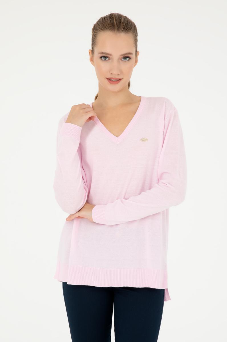 Kadın Pembe V Yaka Basic Kazak