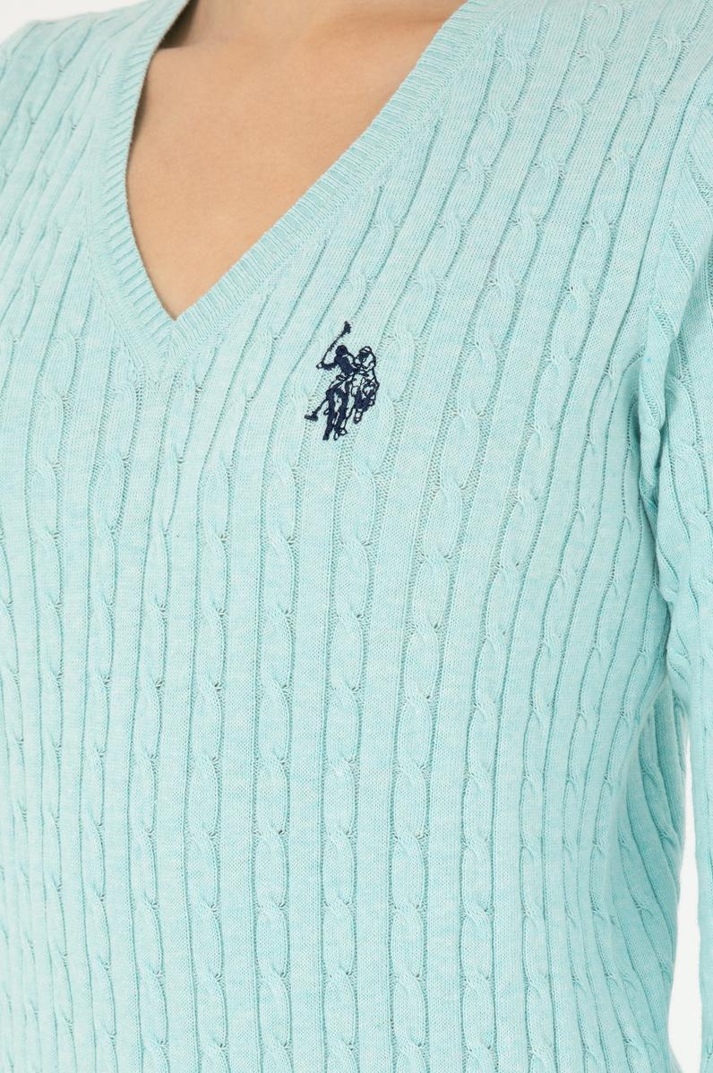 Kadın Su Yeşil V Yaka Basic Kazak