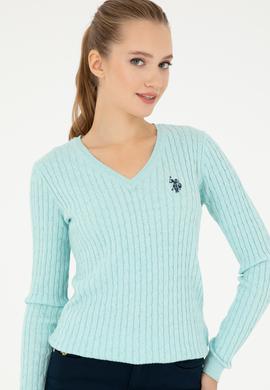 Kadın Su Yeşil V Yaka Basic Kazak - 50293561080