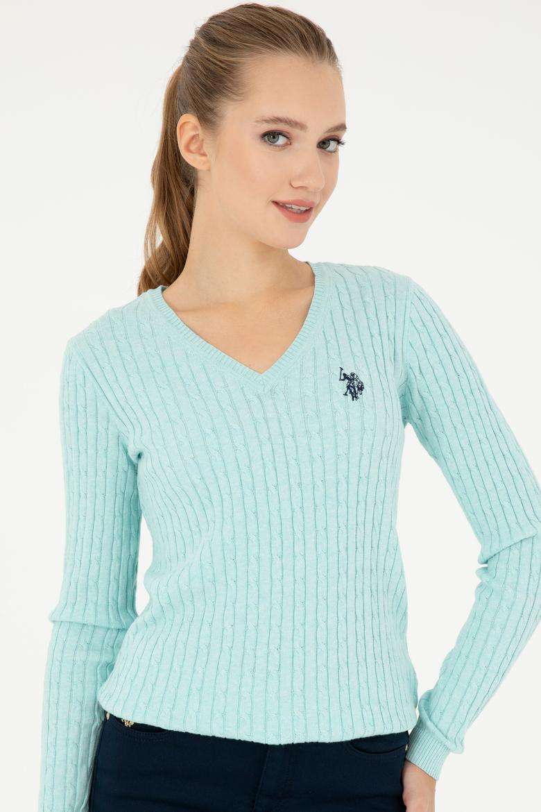 Kadın Su Yeşil V Yaka Basic Kazak - 50293561080