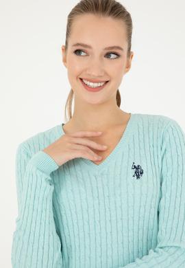 Kadın Su Yeşil V Yaka Basic Kazak - 50293561080