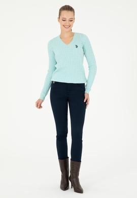 Kadın Su Yeşil V Yaka Basic Kazak - 50293561080