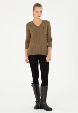 Kadın Koyu Haki V Yaka Basic Kazak - 50293561077