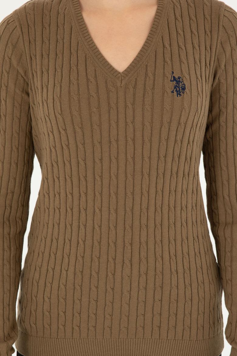 Kadın Koyu Haki V Yaka Basic Kazak - 50293561077