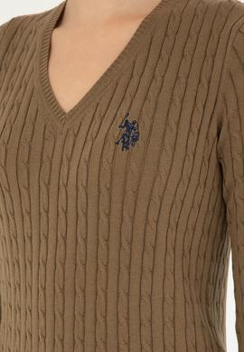 Kadın Koyu Haki V Yaka Basic Kazak - 50293561077