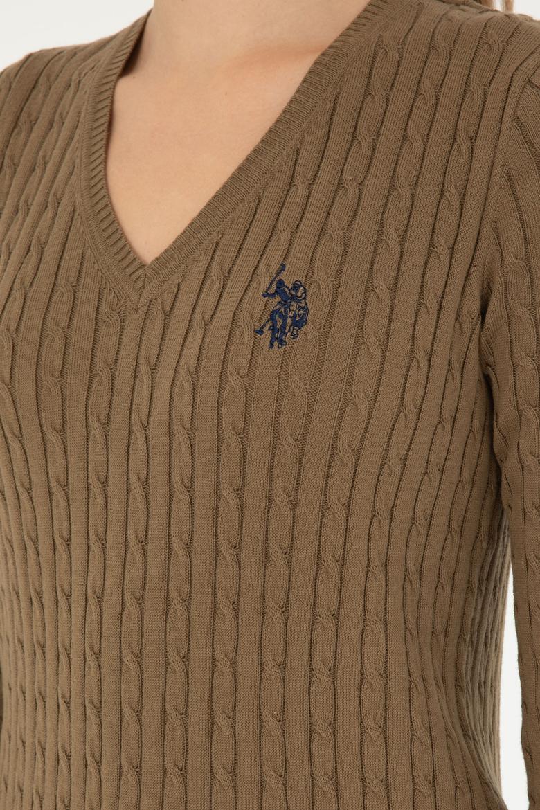 Kadın Koyu Haki V Yaka Basic Kazak - 50293561077