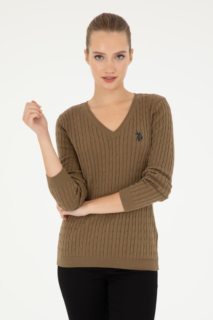 Kadın Koyu Haki V Yaka Basic Kazak