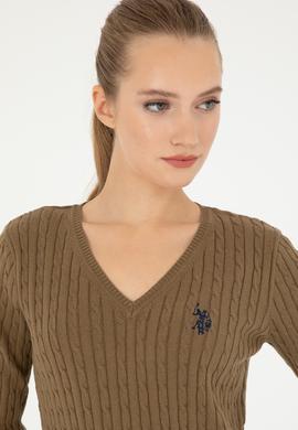 Kadın Koyu Haki V Yaka Basic Kazak - 50293561077