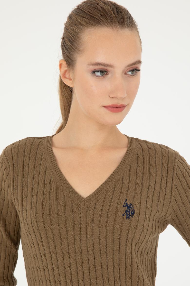 Kadın Koyu Haki V Yaka Basic Kazak - 50293561077