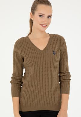 Kadın Koyu Haki V Yaka Basic Kazak - 50293561077