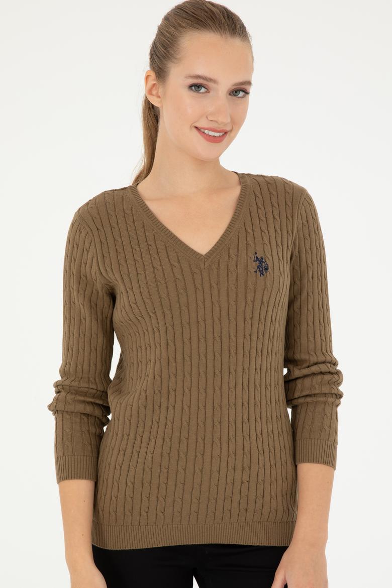 Kadın Koyu Haki V Yaka Basic Kazak - 50293561077