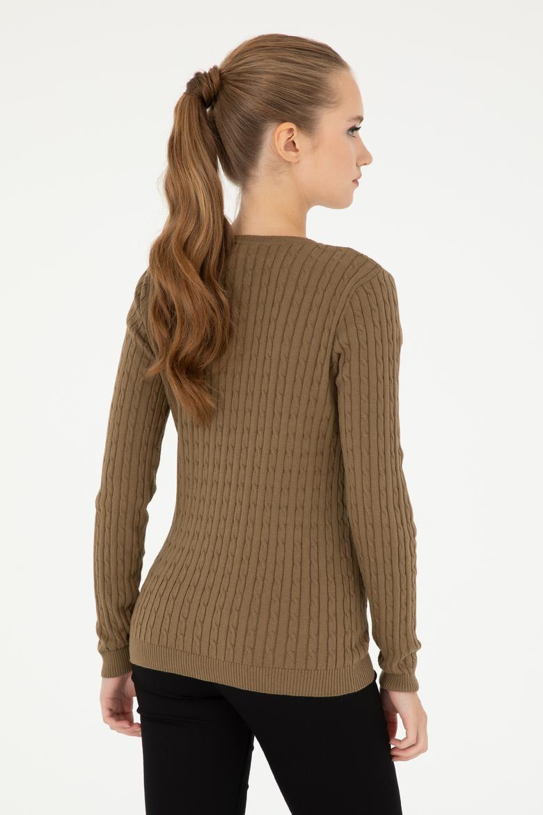 Kadın Koyu Haki V Yaka Basic Kazak - 50293561077