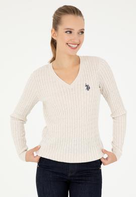 Kadın Krem Melanj V Yaka Basic Kazak - 50293561055