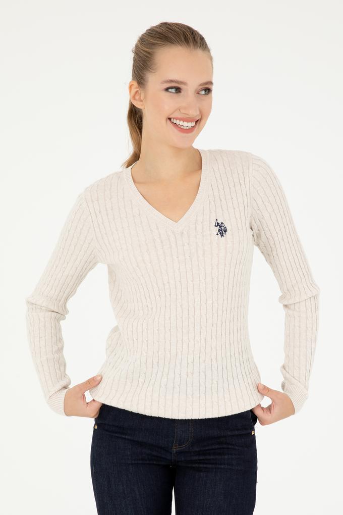 Kadın Krem Melanj V Yaka Basic Kazak