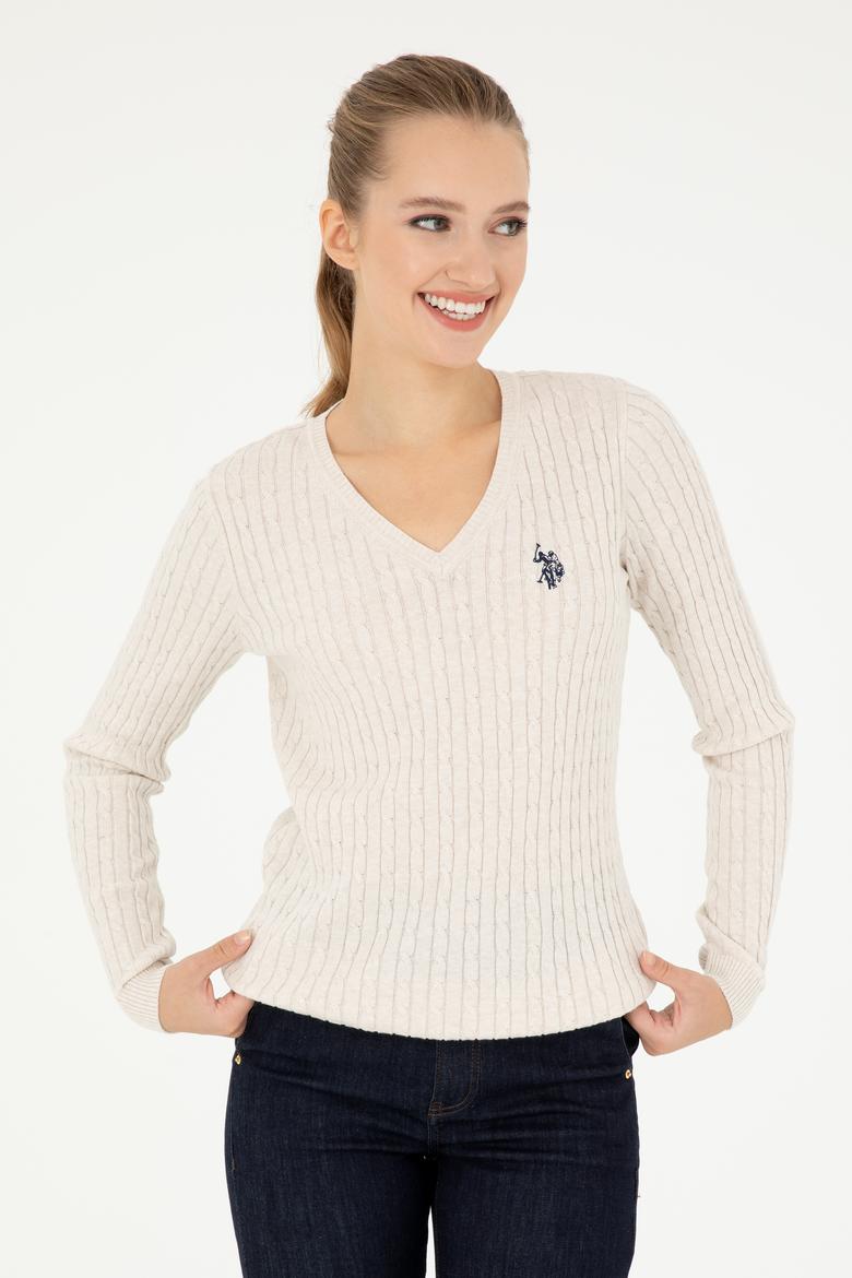 Kadın Krem Melanj V Yaka Basic Kazak