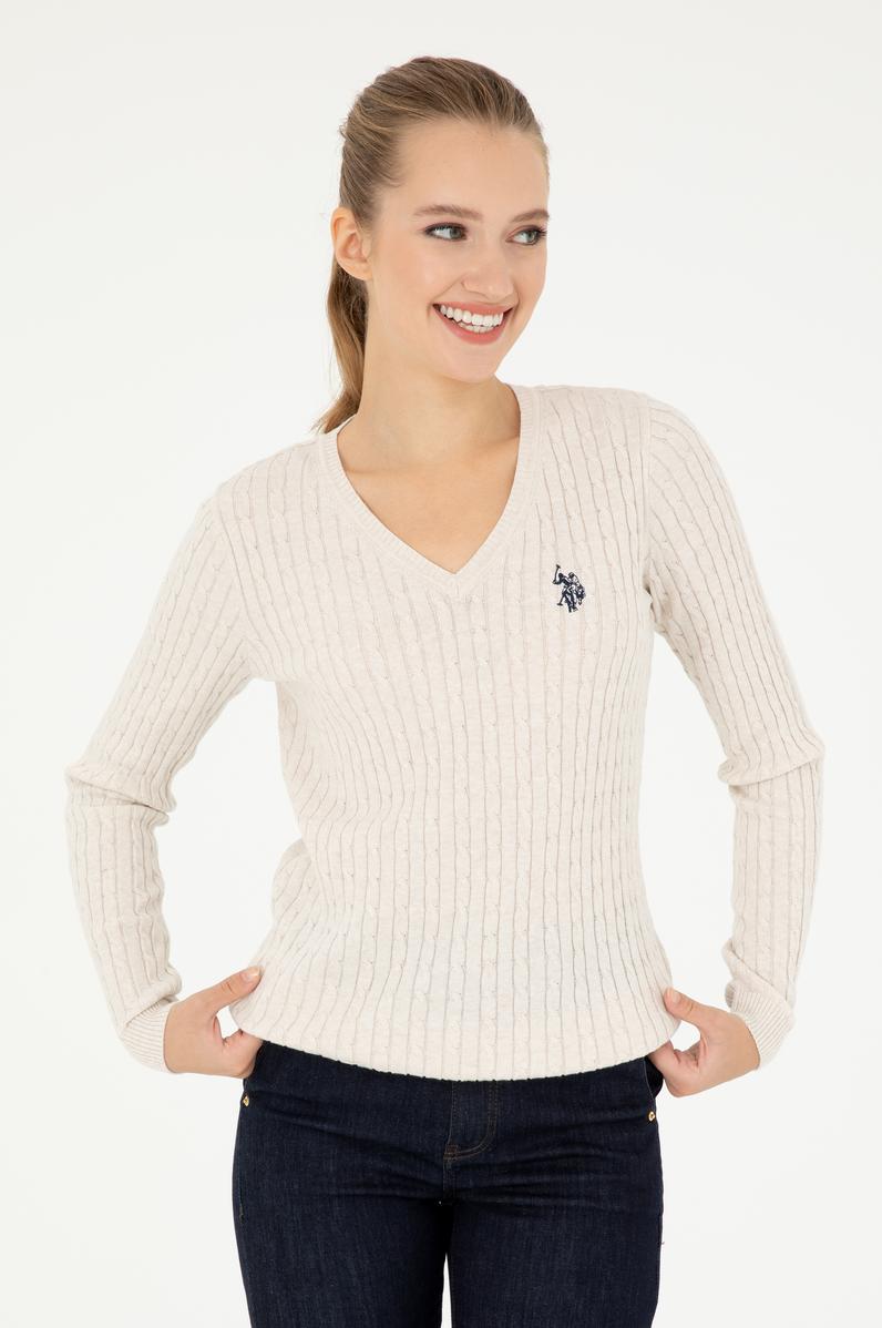 Kadın Krem Melanj V Yaka Basic Kazak
