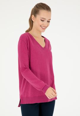 Kadın Fuşya V Yaka Basic Kazak - 50293543061