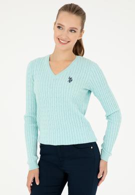 Kadın Su Yeşil V Yaka Basic Kazak - 50293561080