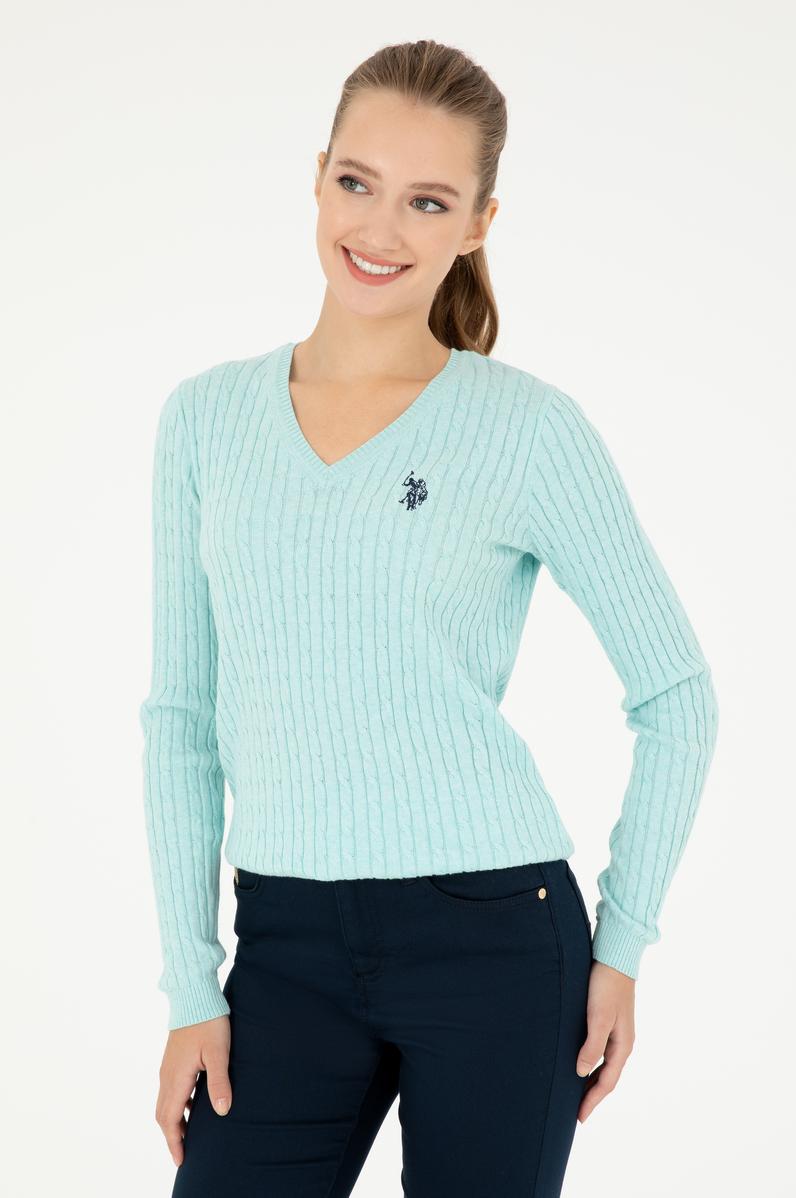 Kadın Su Yeşil V Yaka Basic Kazak