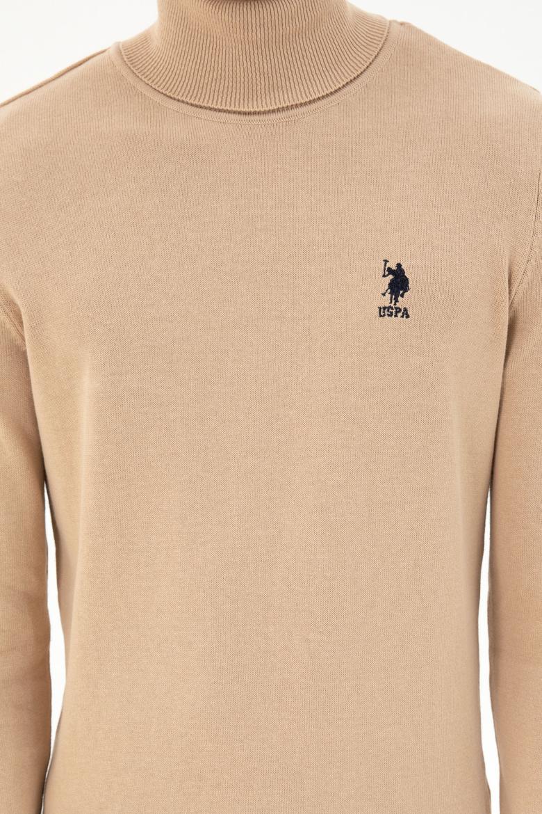 Erkek Slim Fit Boğazlı Yaka Kum Melanj Basic Kazak - 50293523001