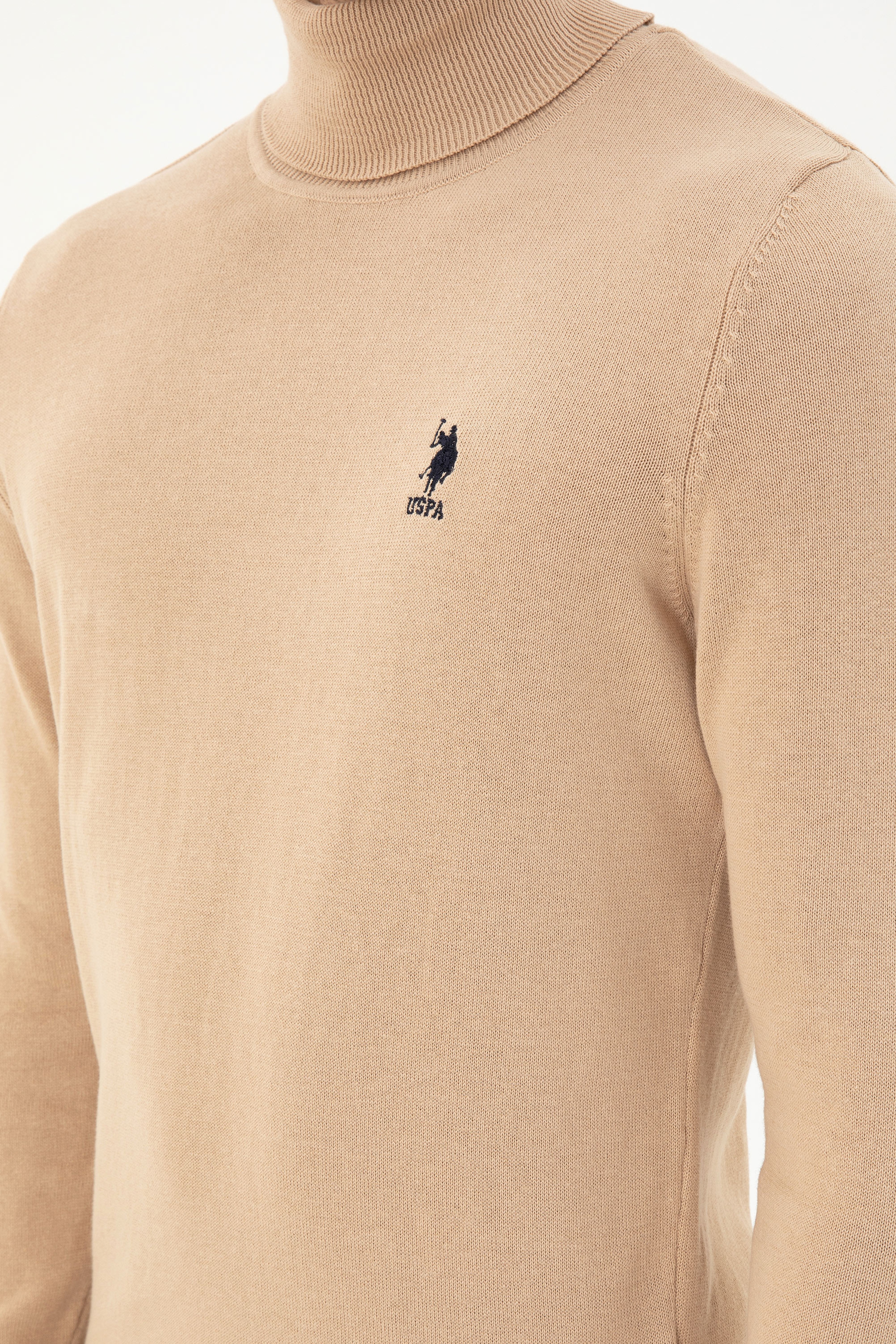 Erkek Slim Fit Boğazlı Yaka Kum Melanj Basic Kazak