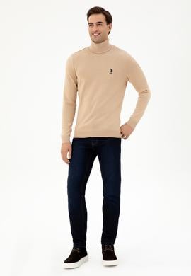 Erkek Slim Fit Boğazlı Yaka Kum Melanj Basic Kazak - 50293523001