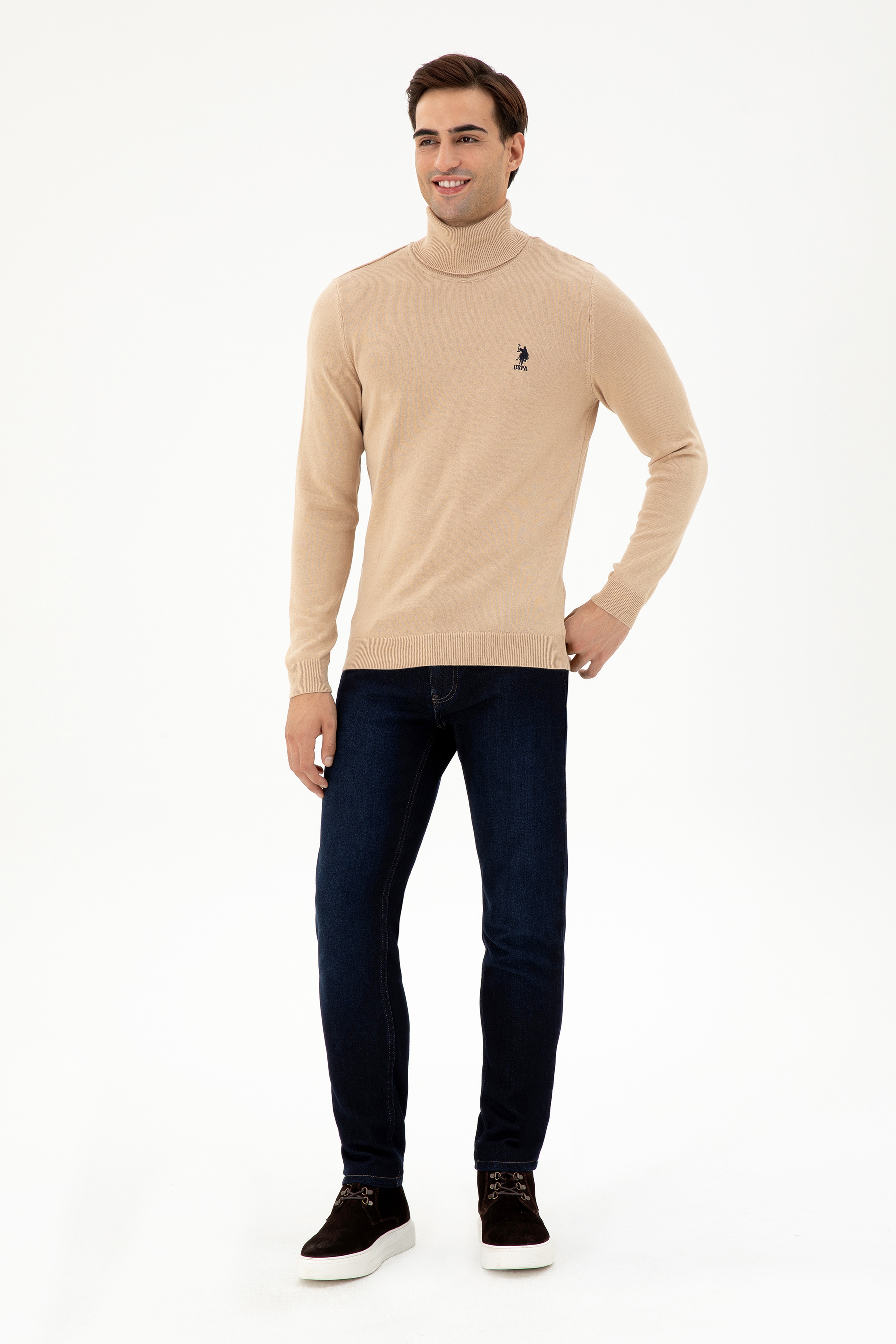 Erkek Slim Fit Boğazlı Yaka Kum Melanj Basic Kazak - Image 4