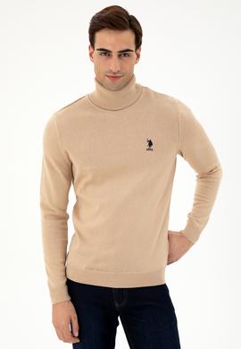 Erkek Slim Fit Boğazlı Yaka Kum Melanj Basic Kazak - 50293523001