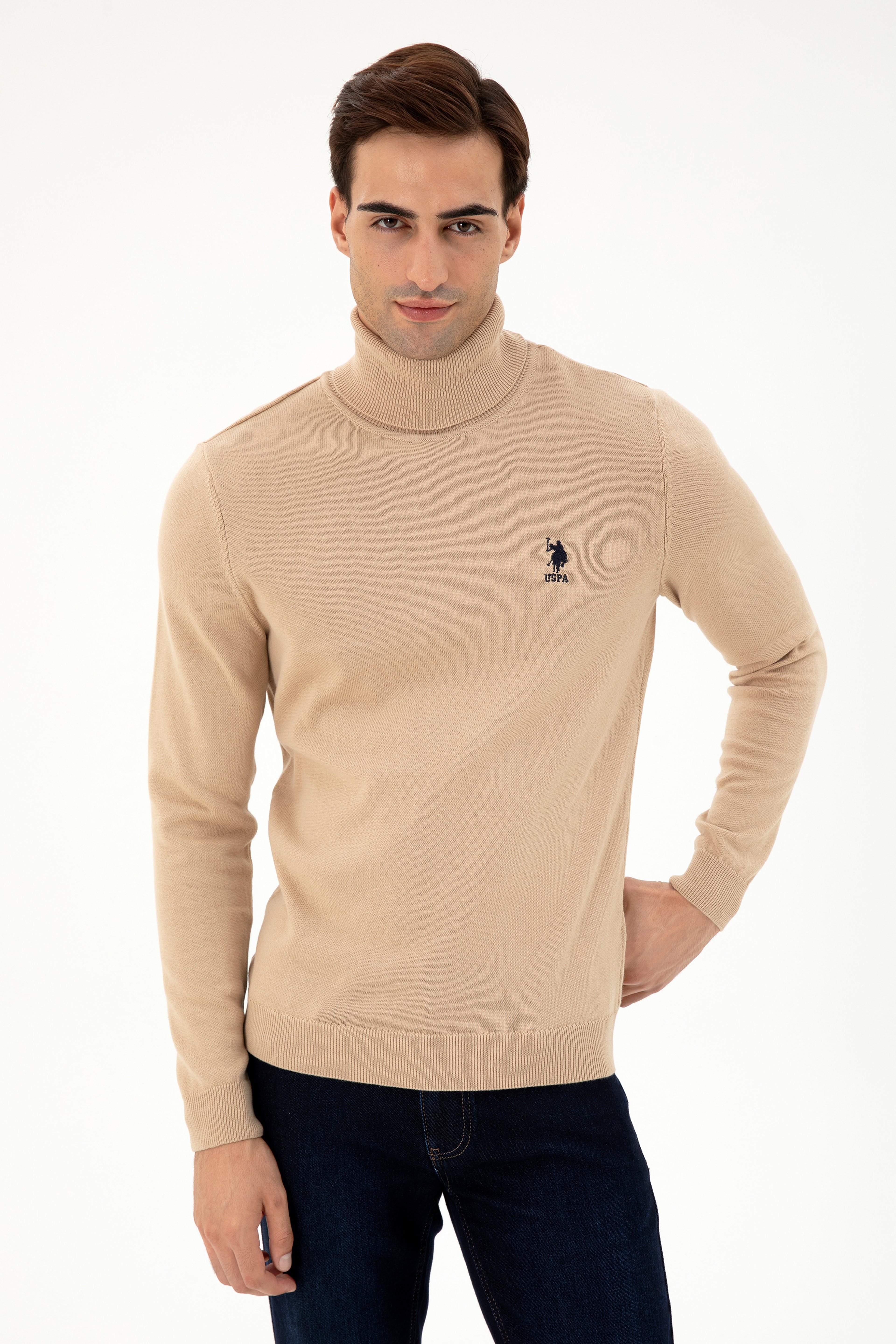 Erkek Slim Fit Boğazlı Yaka Kum Melanj Basic Kazak
