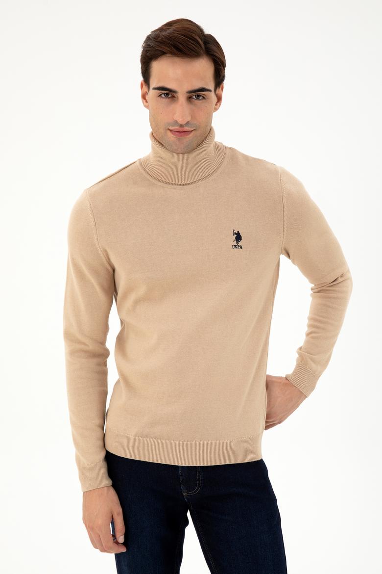 Erkek Slim Fit Boğazlı Yaka Kum Melanj Basic Kazak - 50293523001