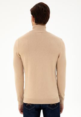 Erkek Slim Fit Boğazlı Yaka Kum Melanj Basic Kazak - 50293523001