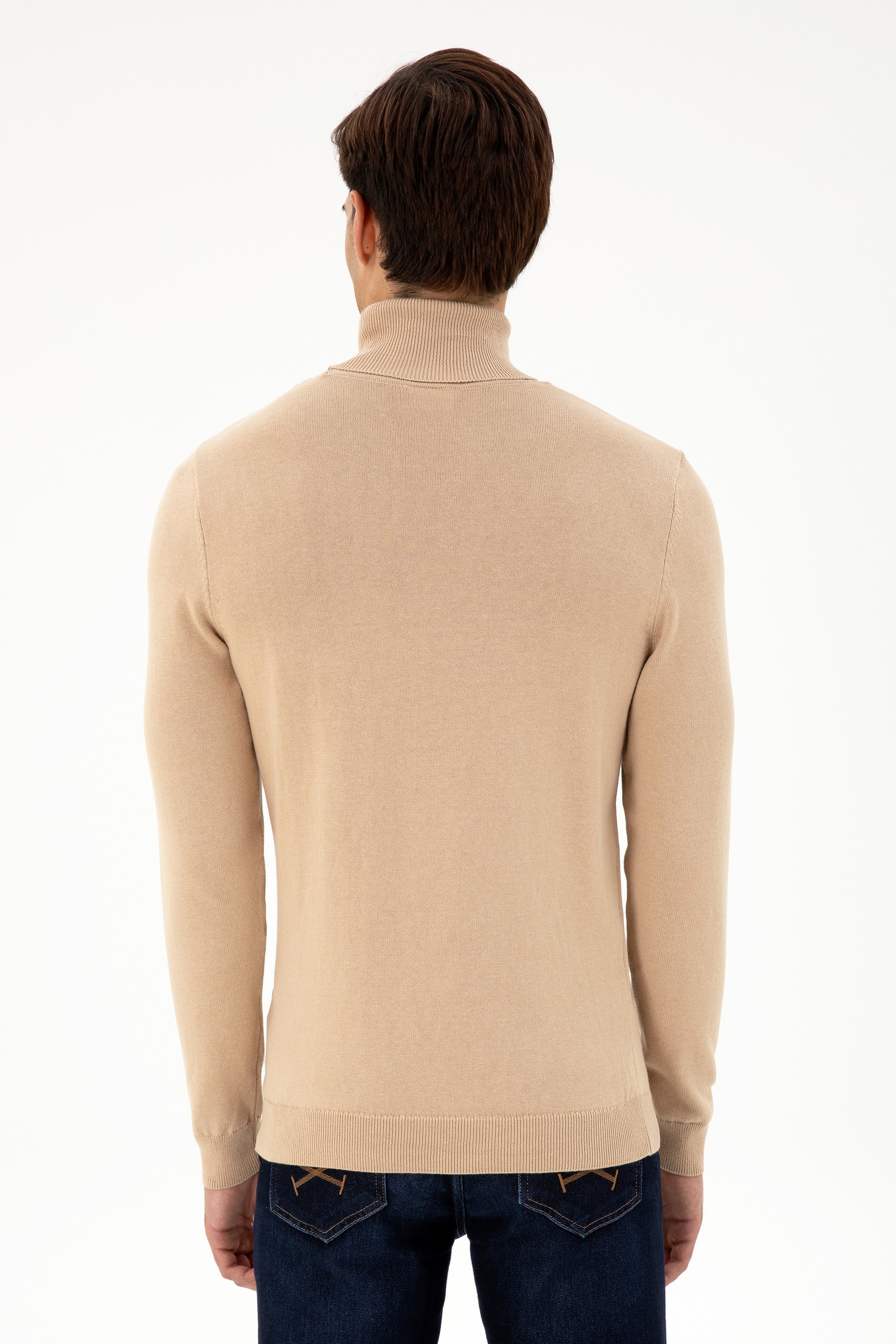 Erkek Slim Fit Boğazlı Yaka Kum Melanj Basic Kazak