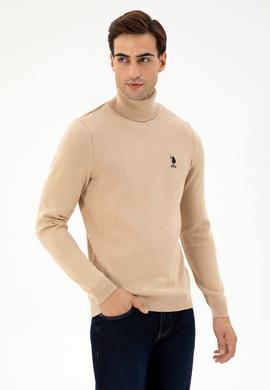 Erkek Slim Fit Boğazlı Yaka Kum Melanj Basic Kazak - 50293523001