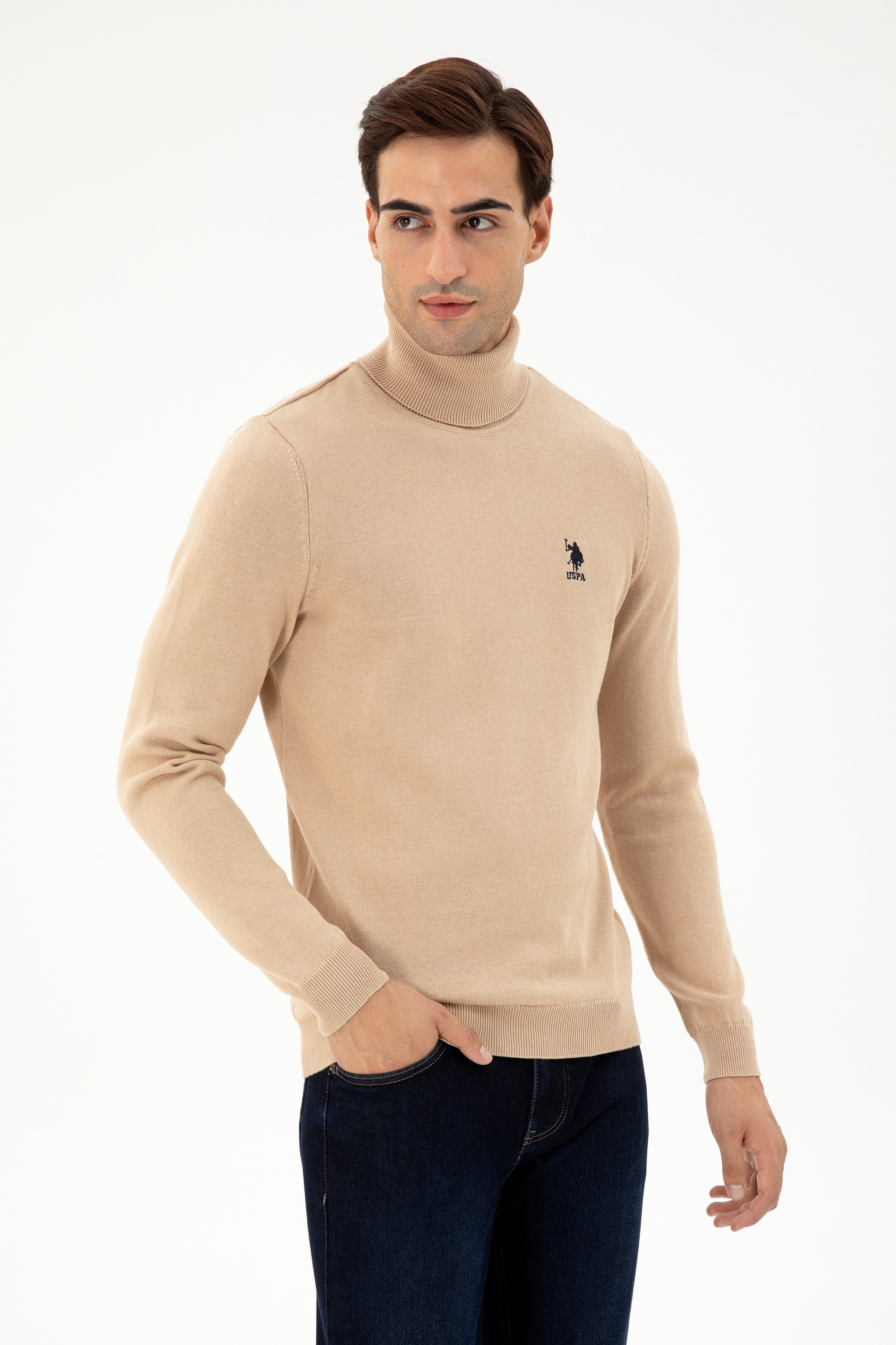Erkek Slim Fit Boğazlı Yaka Kum Melanj Basic Kazak