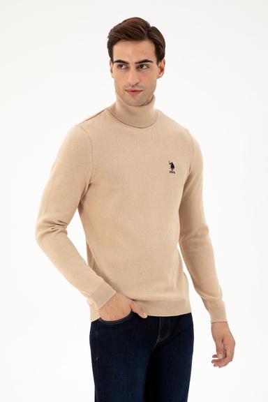 Erkek Slim Fit Boğazlı Yaka Kum Melanj Basic Kazak
