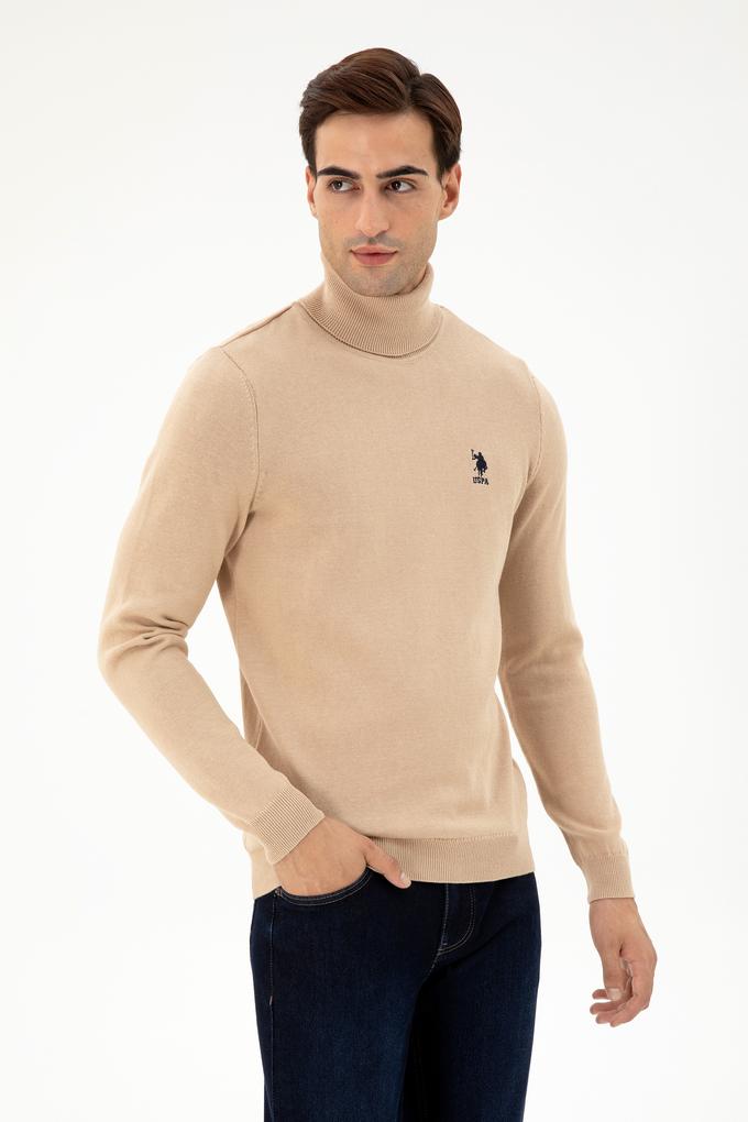 Erkek Slim Fit Boğazlı Yaka Kum Melanj Basic Kazak