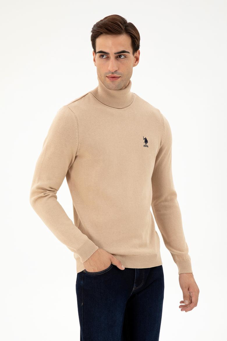 Erkek Slim Fit Boğazlı Yaka Kum Melanj Basic Kazak