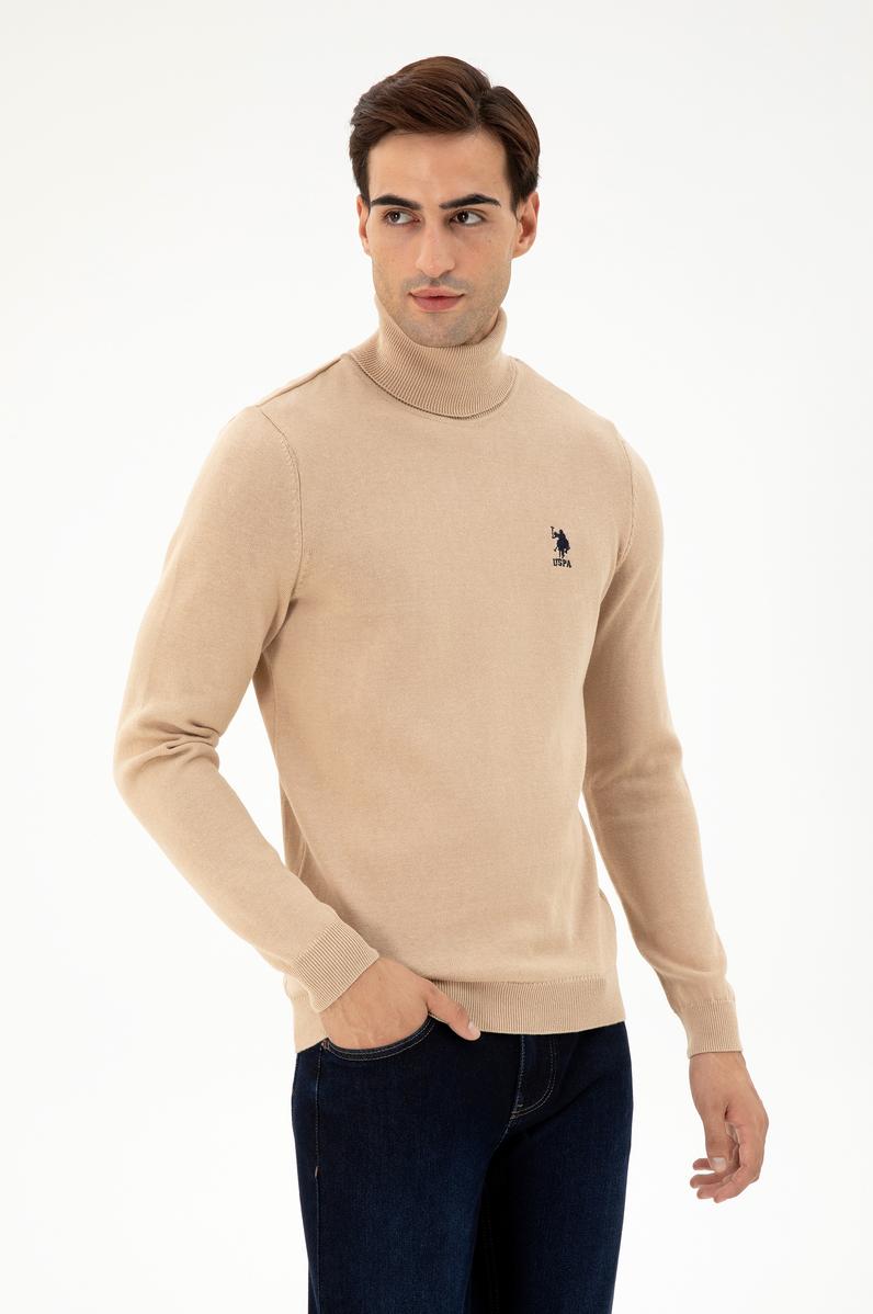 Erkek Slim Fit Boğazlı Yaka Kum Melanj Basic Kazak