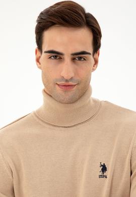 Erkek Slim Fit Boğazlı Yaka Kum Melanj Basic Kazak - 50293523001