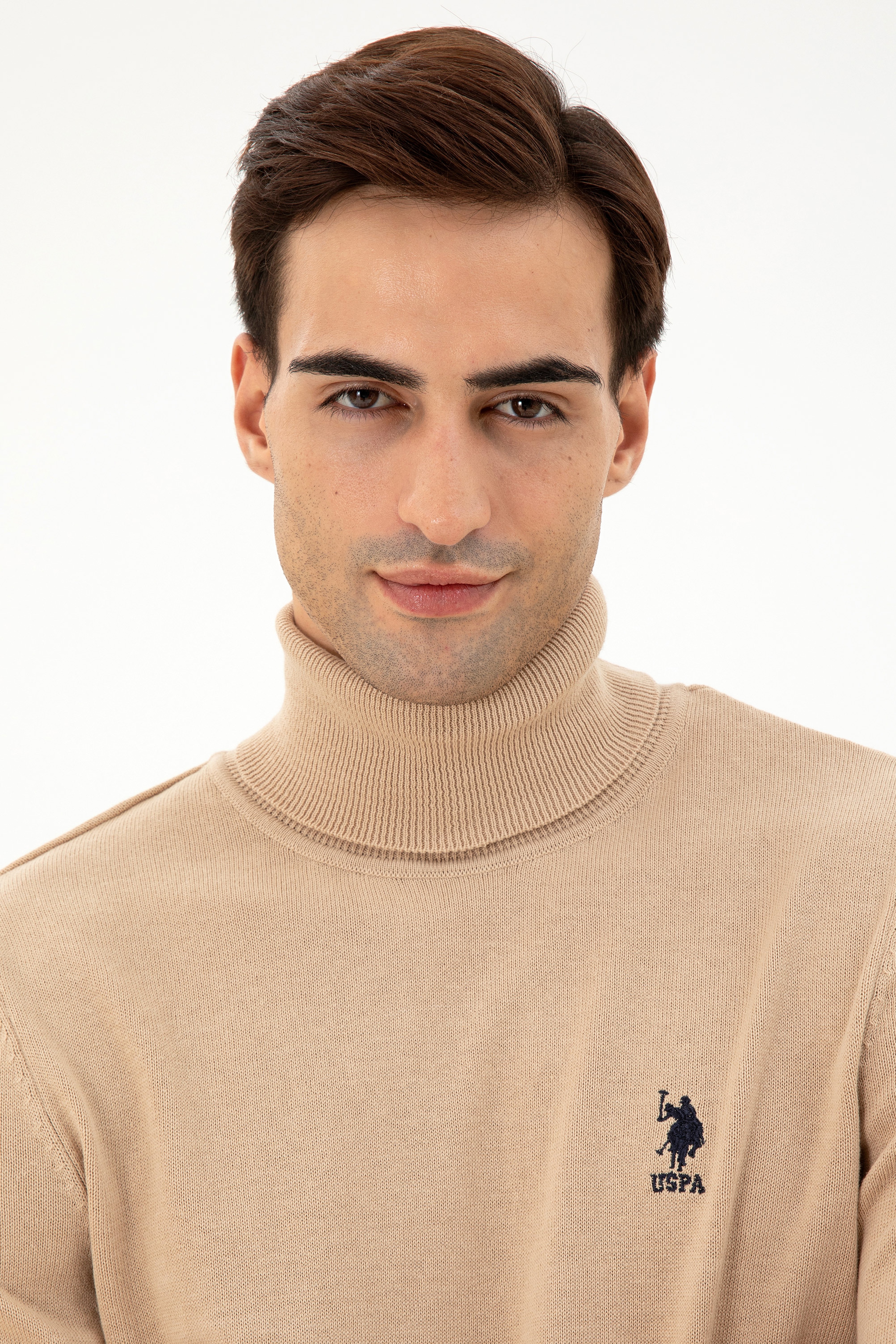 Erkek Slim Fit Boğazlı Yaka Kum Melanj Basic Kazak - Image 2