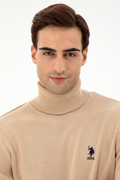 Erkek Slim Fit Boğazlı Yaka Kum Melanj Basic Kazak