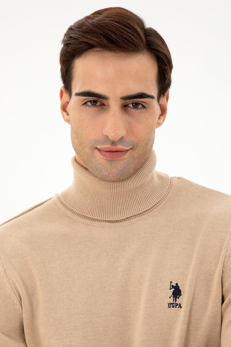 Erkek Slim Fit Boğazlı Yaka Kum Melanj Basic Kazak - 50293523001