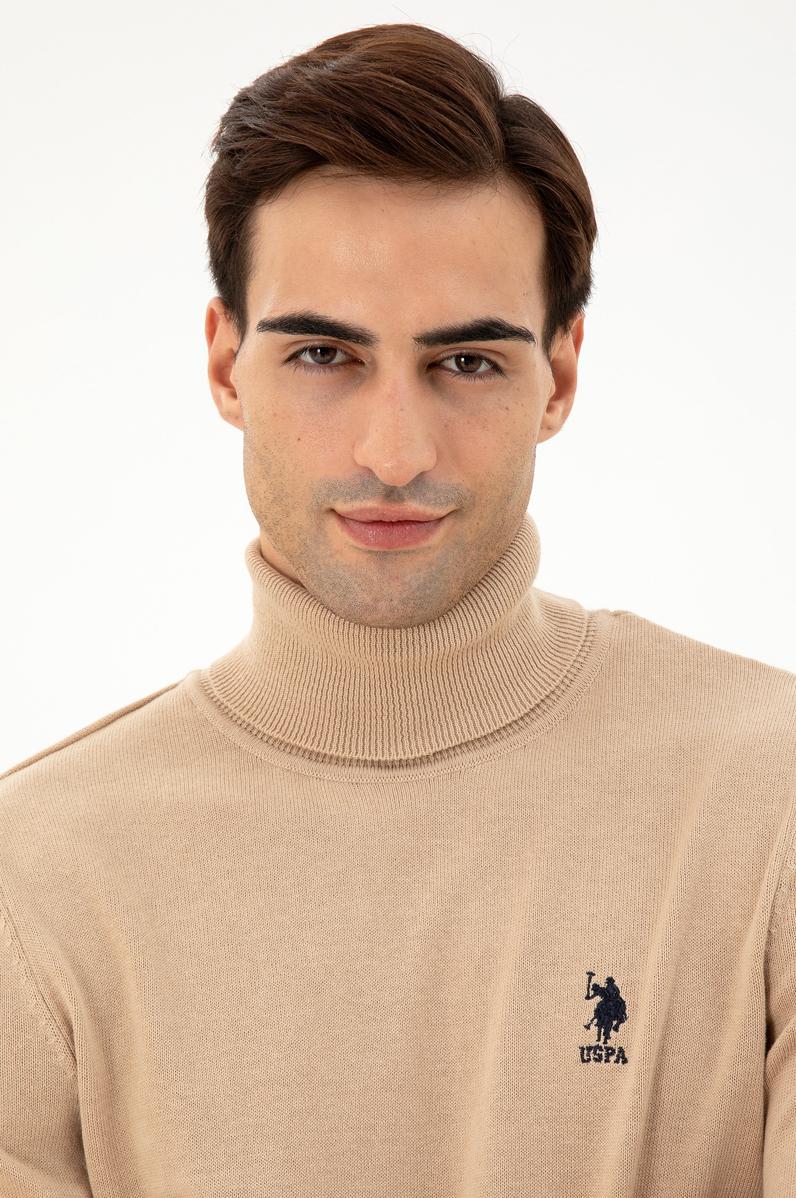 Erkek Slim Fit Boğazlı Yaka Kum Melanj Basic Kazak