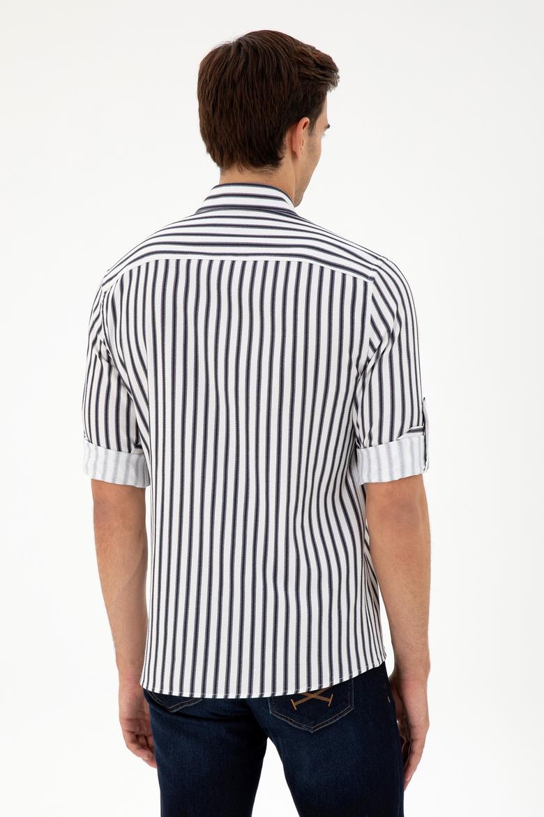 Erkek Lacivert Çizgili Beyaz Gömlek - 50296599007