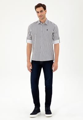 Erkek Lacivert Çizgili Beyaz Gömlek - 50296599007