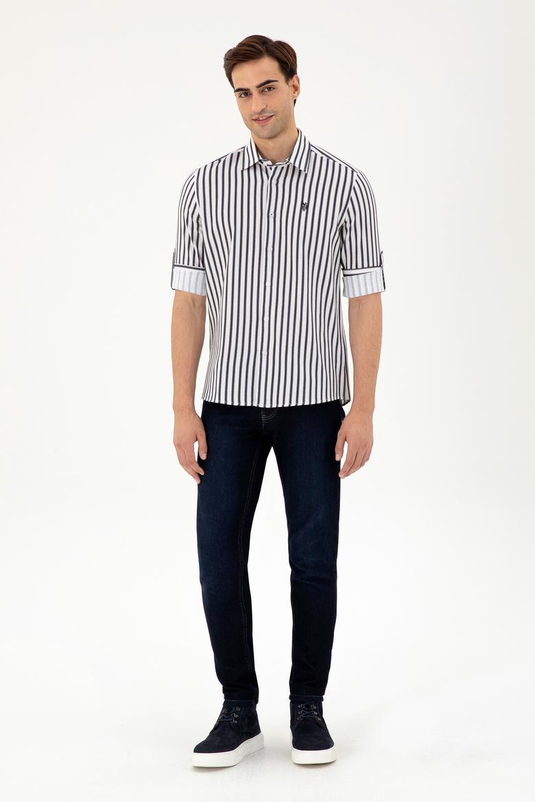 Erkek Lacivert Çizgili Beyaz Gömlek - 50296599007