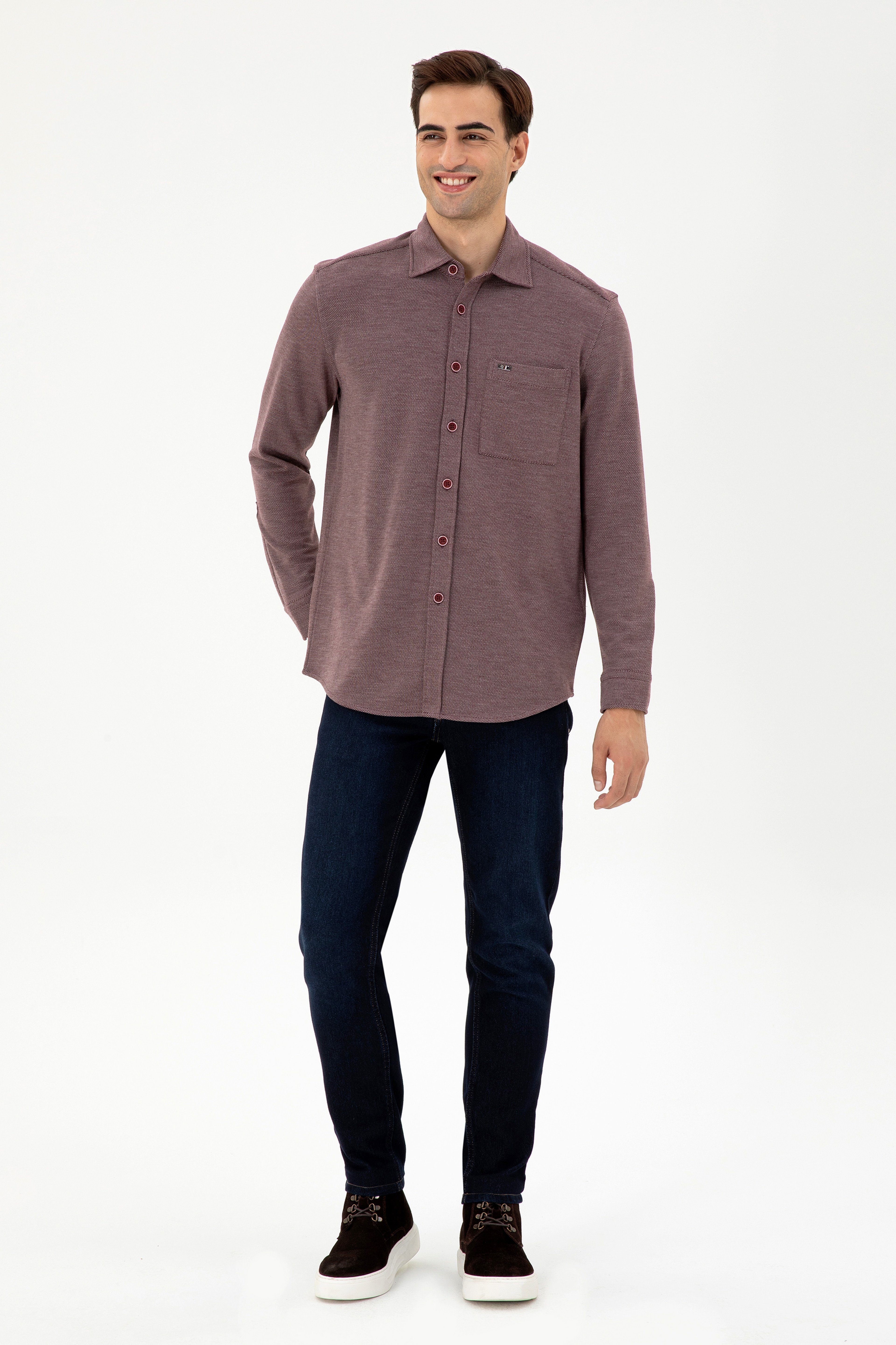 Erkek Bordo Comfort Fit Cepli Örme Gömlek - Image 4