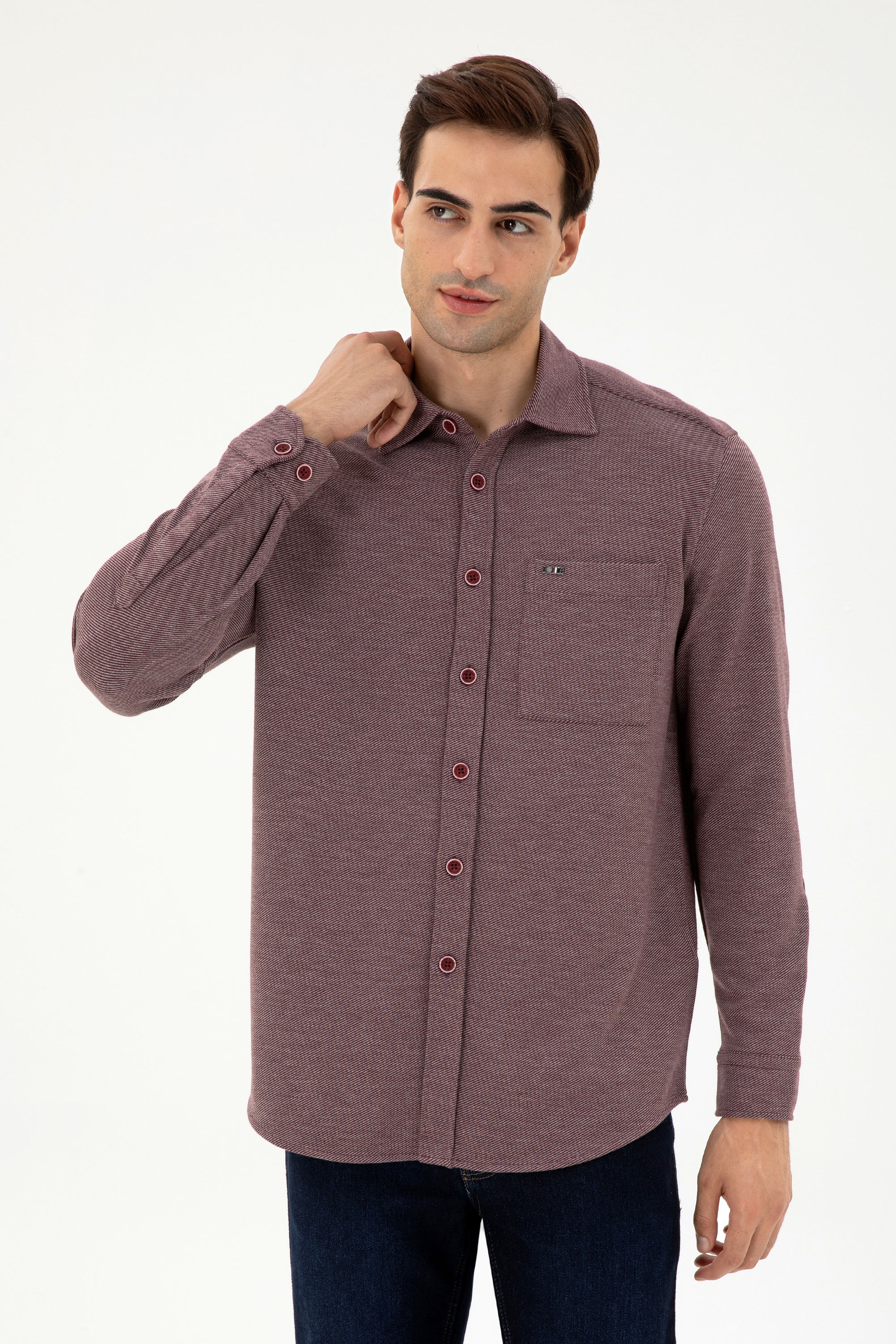 Erkek Bordo Comfort Fit Cepli Örme Gömlek - Image 1